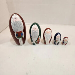 Vintage Russian European Christmas Hand Painted Santa Claus Nesting Dolls 5 Pc